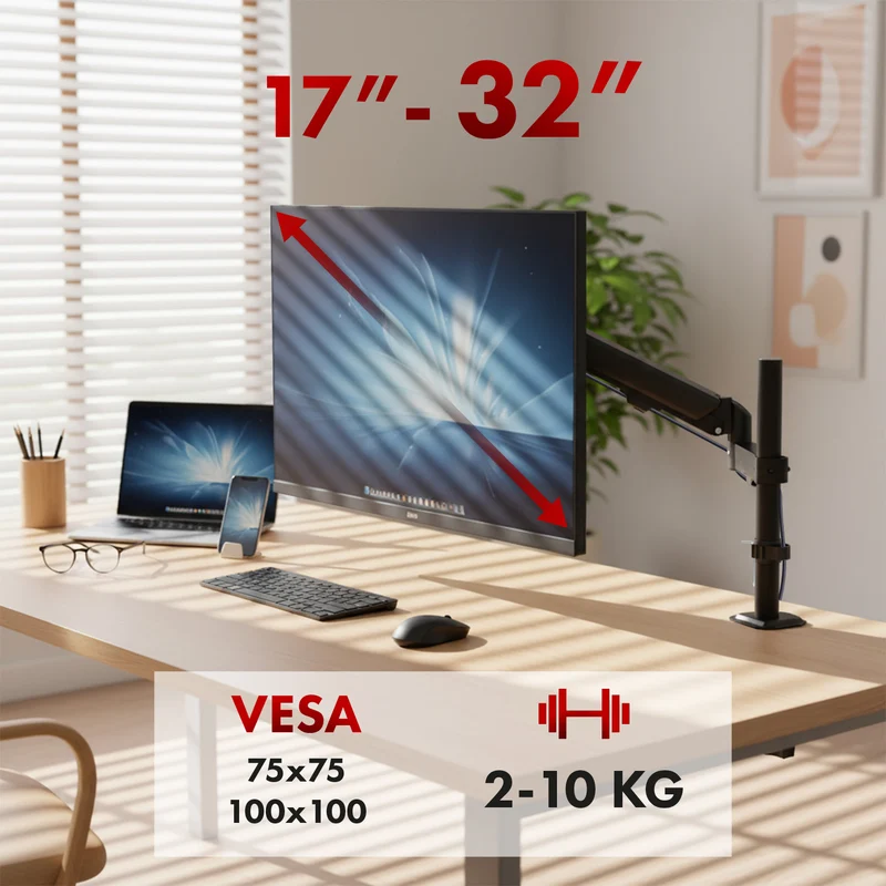 Maclean monitor mount, gas spring, 17"-32", 2-10kg, black, MC-135