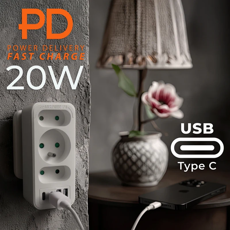 Current socket x3 + 4xUSB Maclean, splitter with 3 sockets, 2xUSB A, 2xUSB C PD 20W, 1x16A + 2x6A, MCE248 F/W