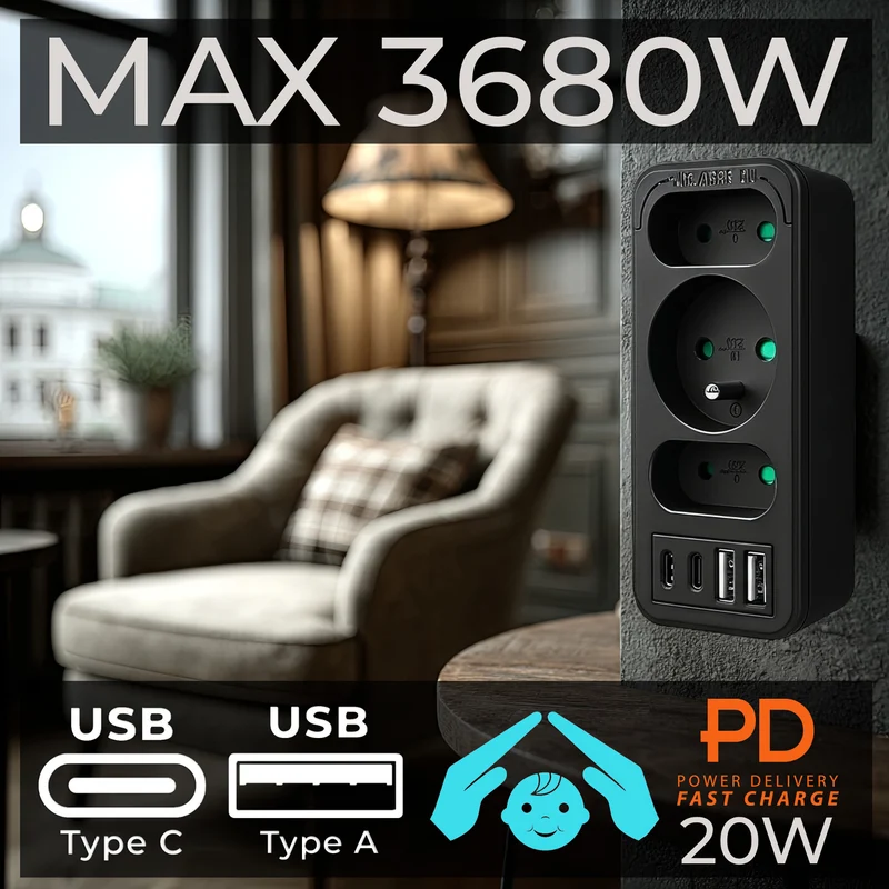 Current socket x3 + 4xUSB Maclean, splitter with 3 sockets, 2xUSB A, 2xUSB C PD 20W, 1x16A + 2x6A, MCE248 F/B
