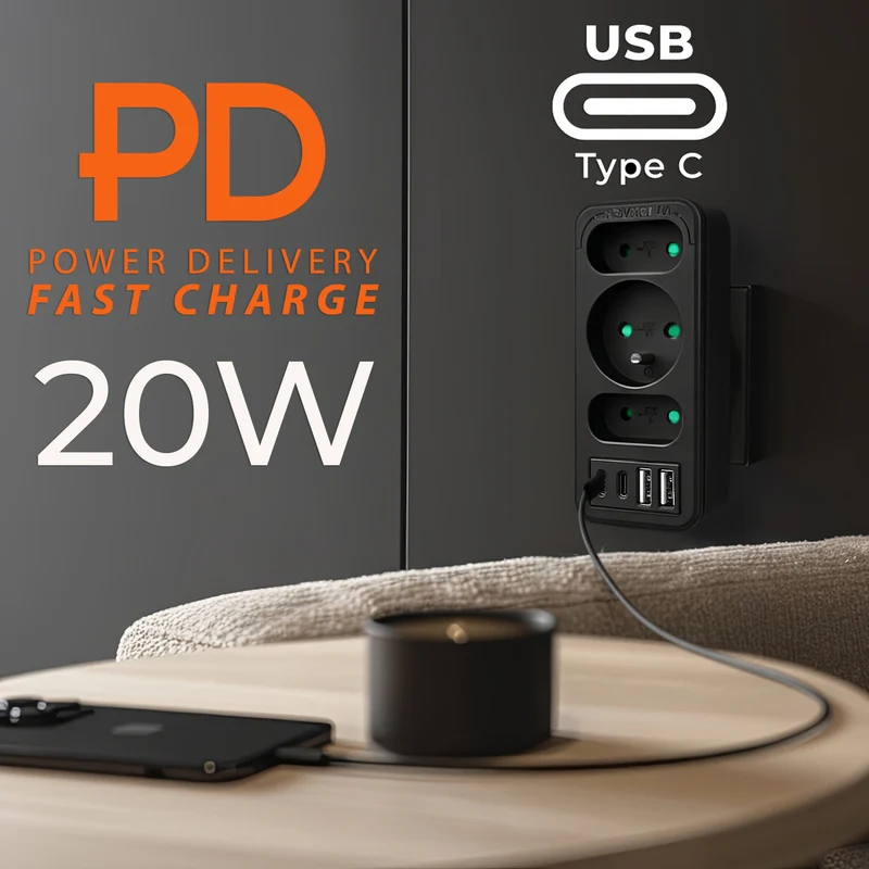 Current socket x3 + 4xUSB Maclean, splitter with 3 sockets, 2xUSB A, 2xUSB C PD 20W, 1x16A + 2x6A, MCE248 F/B