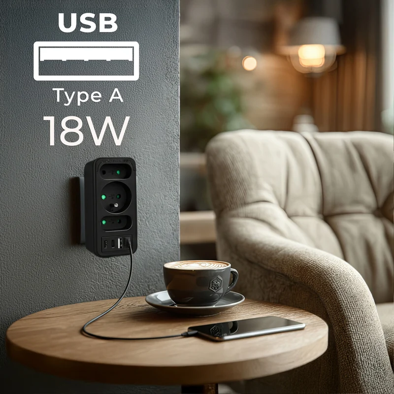 Current socket x3 + 4xUSB Maclean, splitter with 3 sockets, 2xUSB A, 2xUSB C PD 20W, 1x16A + 2x6A, MCE248 F/B