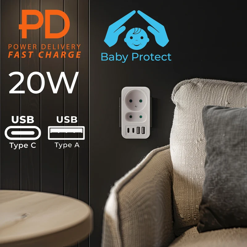 Current socket x2 + 4xUSB Maclean, splitter with 2 sockets, 2xUSB A, 2xUSB C PD 20W, 1x16A + 1x6A, MCE249 F/W