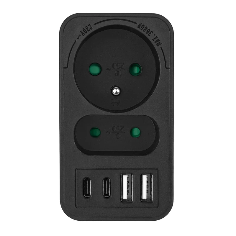 Maclean current socket x2 + 4xUSB, splitter with 2 sockets, 2xUSB A, 2xUSB C PD 20W, 1x16A + 1x6A, MCE249 F/B
