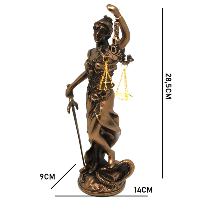Figurine of Temida with scale and sword, bronze law sculpture, Queen Isabel