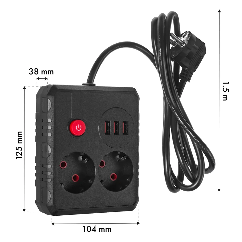 Maclean power strip, extender 2 sockets + 3xUSB, 110-240V AC 50/60Hz, 2.1A max 2500W, 1.5m, black, MCE387 B