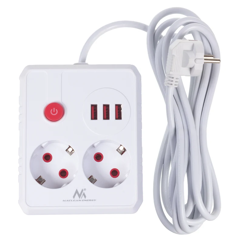 Maclean power strip, extender 2 sockets + 3xUSB, 110-240V AC 50/60Hz, 2.1A max 2500W, 3 m, white, MCE388 W