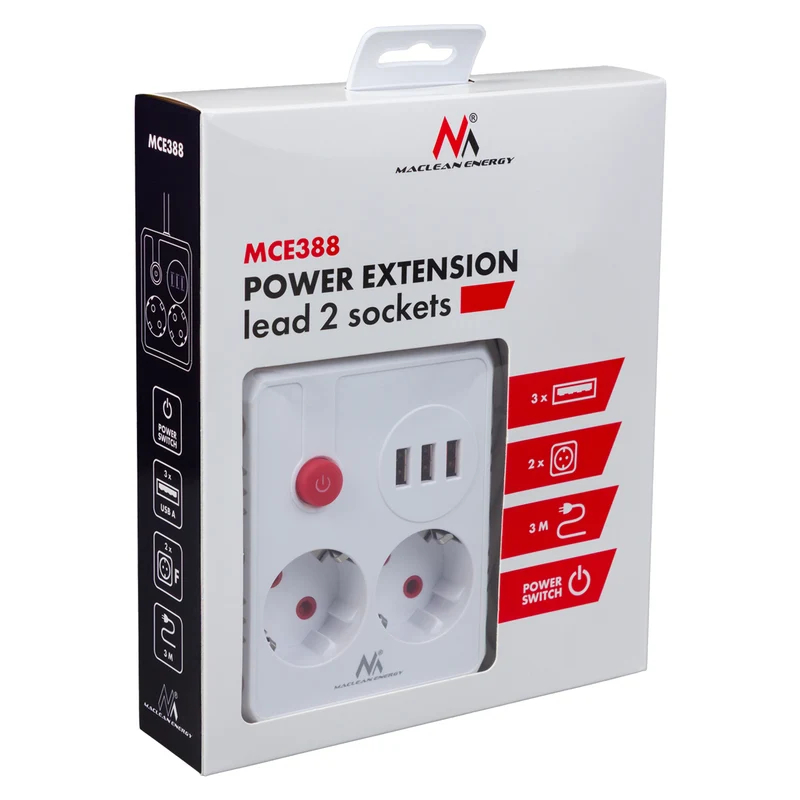 Maclean power strip, extender 2 sockets + 3xUSB, 110-240V AC 50/60Hz, 2.1A max 2500W, 3 m, white, MCE388 W