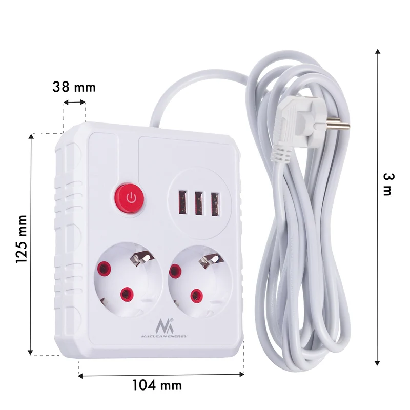 Maclean power strip, extender 2 sockets + 3xUSB, 110-240V AC 50/60Hz, 2.1A max 2500W, 3 m, white, MCE388 W