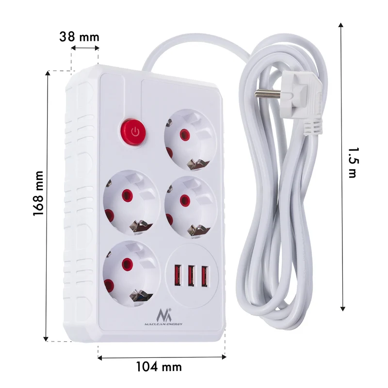 Maclean power strip, 4-socket extension cable + 3xUSB, 110-240V AC 50/60Hz, 2.1A max 2500W, 1.5m, white, MCE392 W