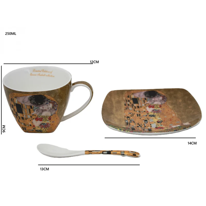 Set of 2 porcelain Queen Isabell cups, Klimt's Kiss motif, teaspoons, 250ml, W25KL60-2-19000