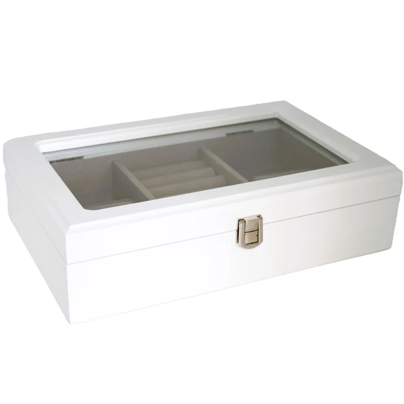 Jewelry box, wooden, white, organizer, compartments, glass lid, Queen Isabel