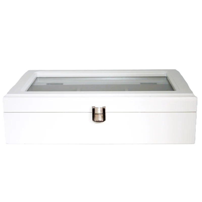Jewelry box, wooden, white, organizer, compartments, glass lid, Queen Isabel