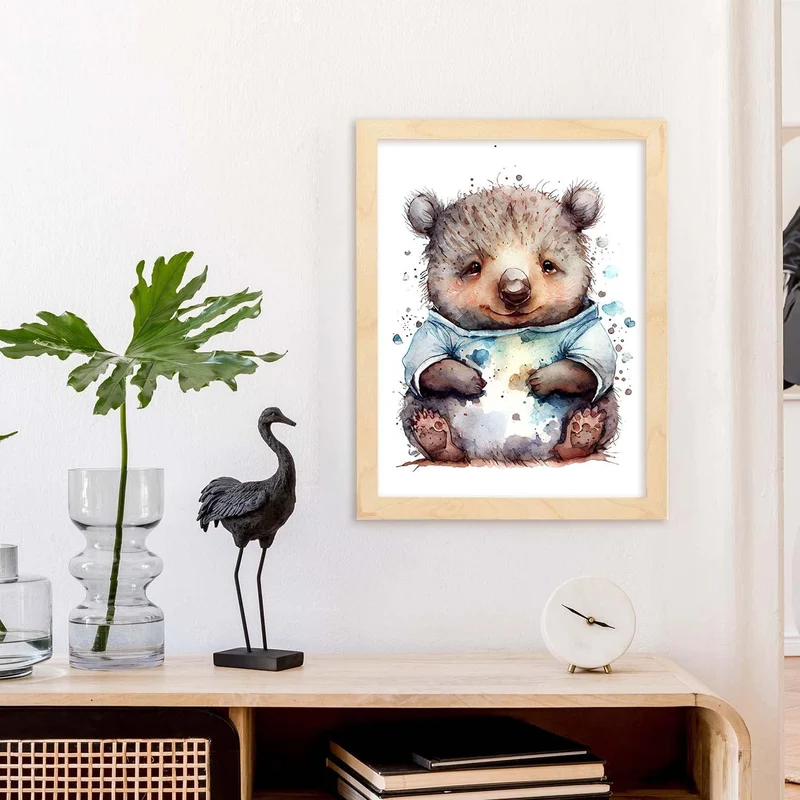 Nacnic Wombat Poster im Aquarellstil. Illustrationen von niedlichen Tierbabys auf weissen Hintergrün