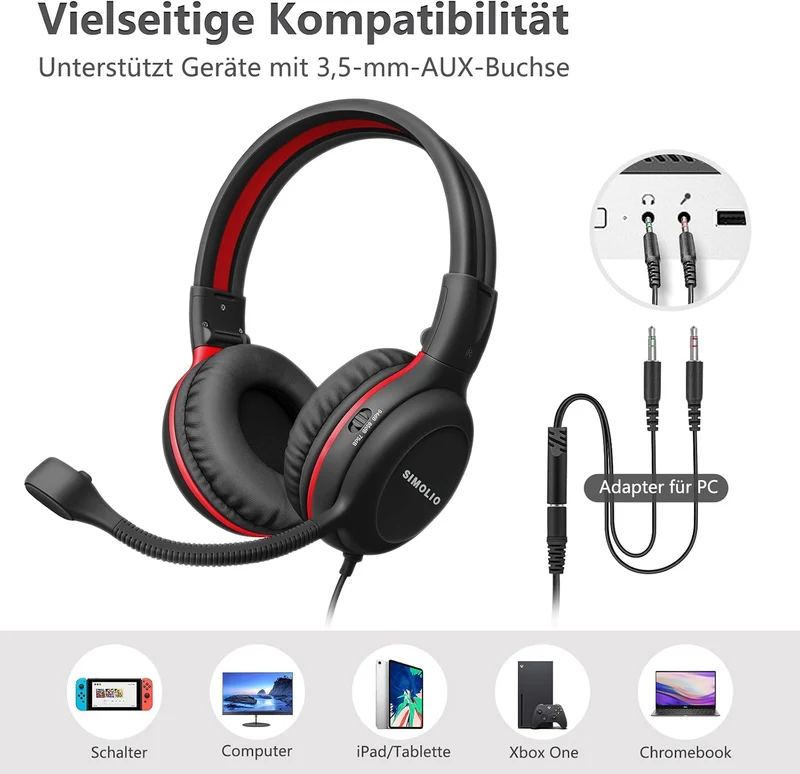 SIMOLIO Kopfhörer Kinder, Kabel Kinderkopfhörer mit Mikrofon für Schule und Gaming, On Ear kopfhörer