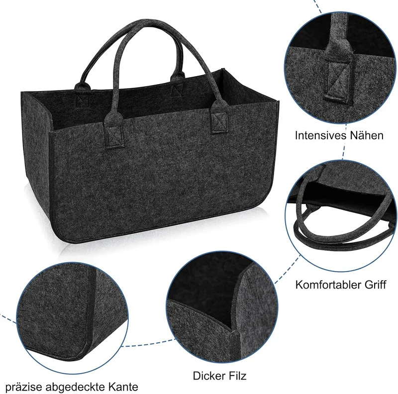 4 Stück Faltbar Kaminholztasche aus Filz Einkaufstasche Filztasche für Kaminholz 50 x 25x 25 cm Mult