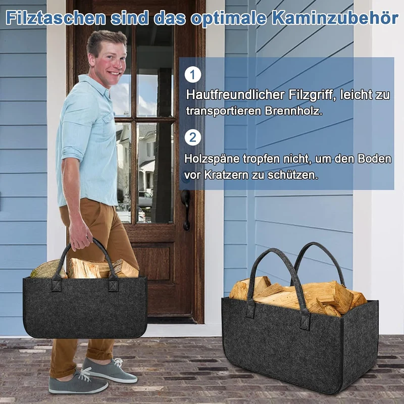 4 Stück Faltbar Kaminholztasche aus Filz Einkaufstasche Filztasche für Kaminholz 50 x 25x 25 cm Mult