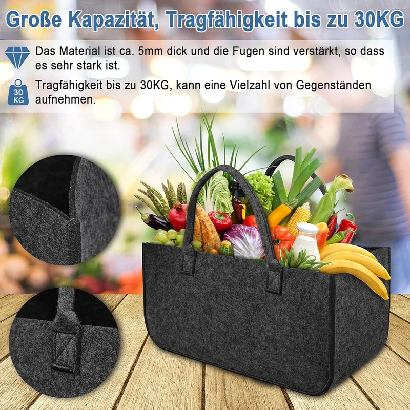 4 Stück Faltbar Kaminholztasche aus Filz Einkaufstasche Filztasche für Kaminholz 50 x 25x 25 cm Mult