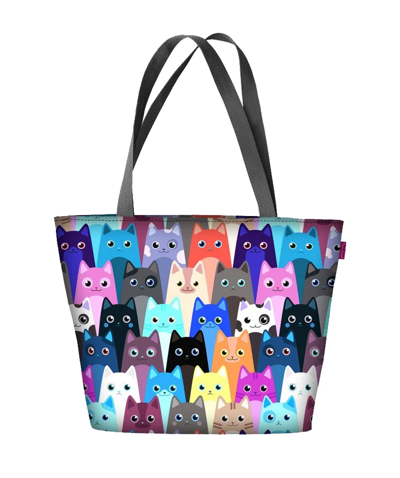 Bertoni shoulder bag, zipper, weather-resistant, durable print, Meow design