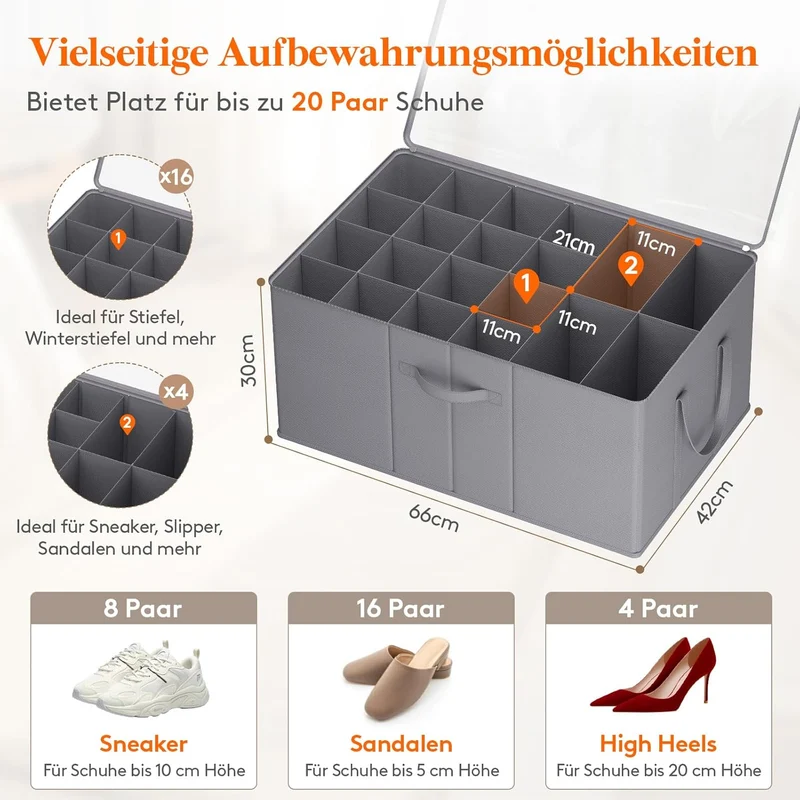 Lifewit Grosser Schuhorganizer für den Kleiderschrank, Faltbarer Schuhkarton mit durchsichtigem Deck