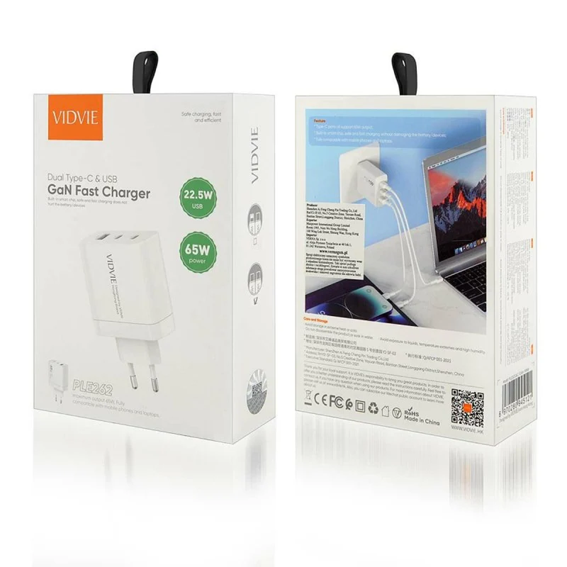 VIDVIE mains charger, 3A, 65W, 2x USB-C, 1x USB, USB-C/USB-C cable, PLE262