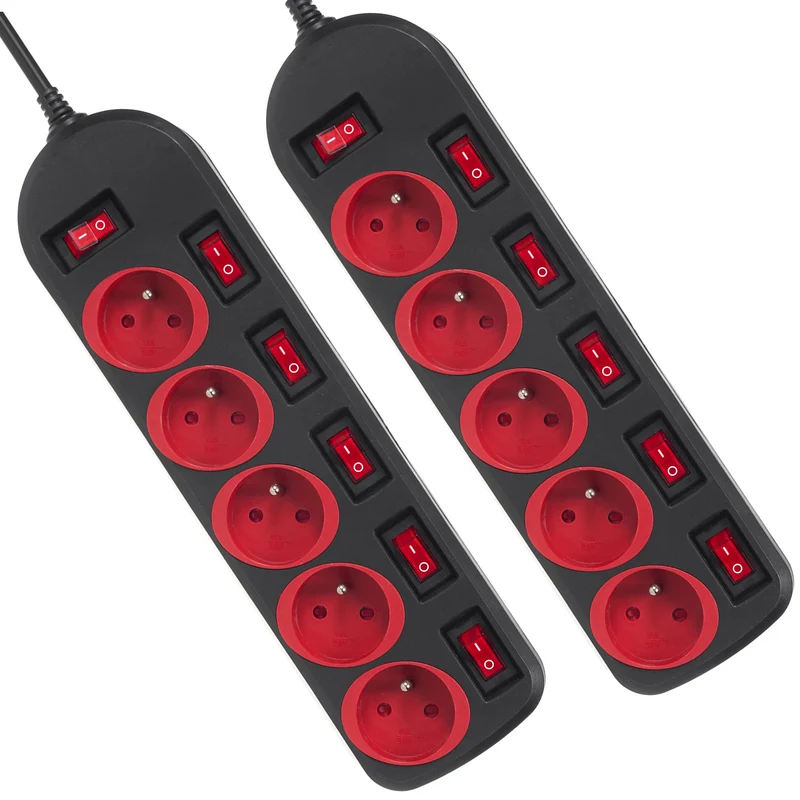 Maclean power strip, 5 outlet extension cord, with switches, 250VAC/10A, 1.5m, MCE204, 2 pieces