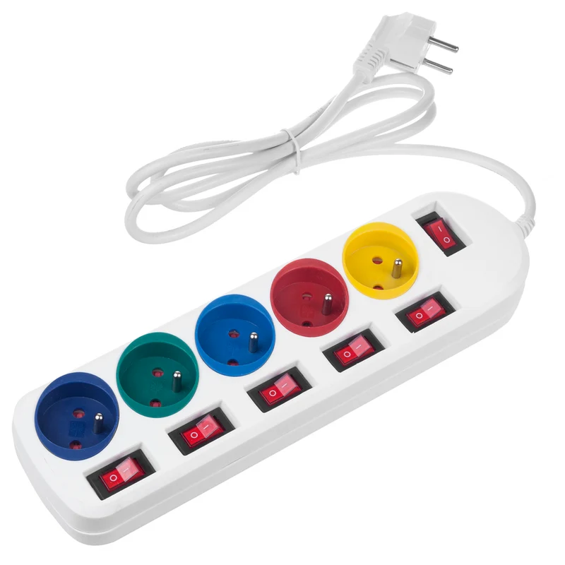 Maclean power strip, 5 outlet extension cord, with switches, 250VAC/10A, 1.5m, MCE204 M/W, 2 pieces