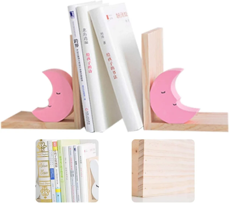 Nacnic Satz von Zwei hölzernen rosa Mond Buchstützen. rutschfeste Buchstützen für Bücherregale. Deko