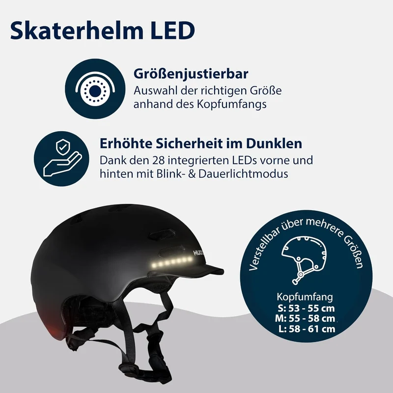 HUDORA Skaterhelm LED, schwarz S (53-55 cm) Schwarz, S (53-55 cm) Schwarz
