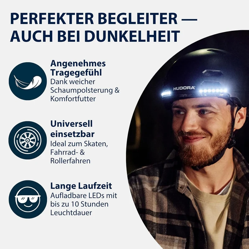HUDORA Skaterhelm LED, schwarz S (53-55 cm) Schwarz, S (53-55 cm) Schwarz