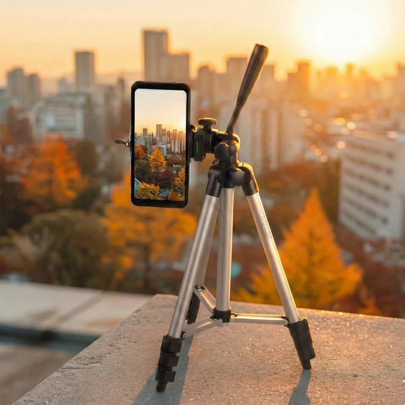 Maclean MC-164 Universal 1/4" Camera Phone Tripod Stand with Phone Holder and Carrying Case for Cameras Camcorders Smartphones Ring Lights Foldable Adjustable Height 35-102cm