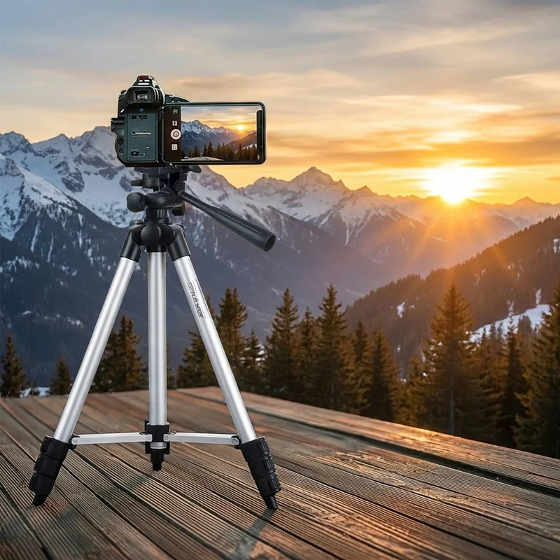 Maclean MC-164 Universal 1/4" Camera Phone Tripod Stand with Phone Holder and Carrying Case for Cameras Camcorders Smartphones Ring Lights Foldable Adjustable Height 35-102cm