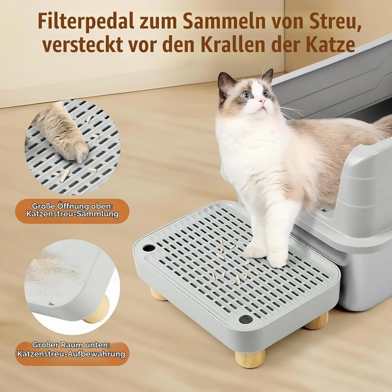 Bartuke Erhöhte Katzenklo-Rampe, Katzentreppe mit Holzfüssen, Katzenstreu-Filterpedal für automatisc