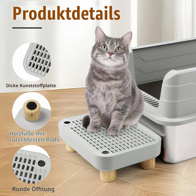 Bartuke Erhöhte Katzenklo-Rampe, Katzentreppe mit Holzfüssen, Katzenstreu-Filterpedal für automatisc