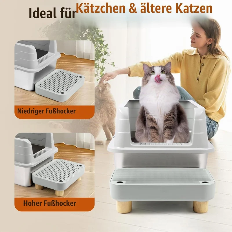 Bartuke Erhöhte Katzenklo-Rampe, Katzentreppe mit Holzfüssen, Katzenstreu-Filterpedal für automatisc