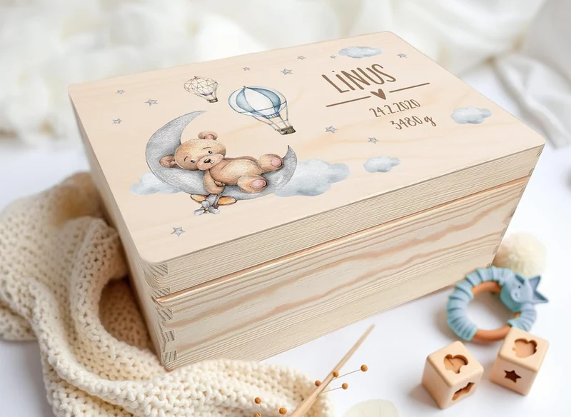 Little Deco Personalisierte Erinnerungskiste Baby, Erinnerungsbox mit Bär & Mond | M - 30 x 20 x 13