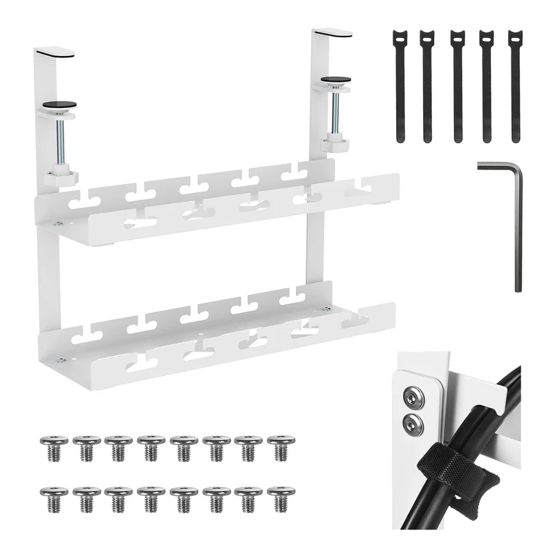Maclean under-desk cable organizer, max. load 5kg, 2 levels, white, MC-104 W