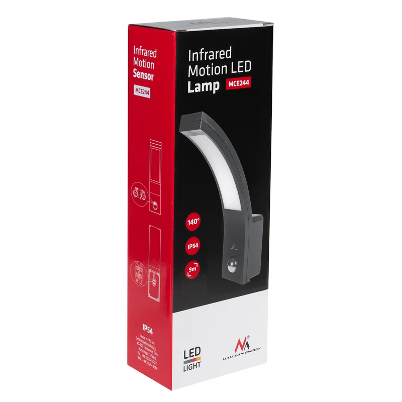 Maclean motion sensor LED lamp, PIR sensor, black, 10W, IP54, 750lm, neutral white (4000K) MCE244 B, 2 pieces