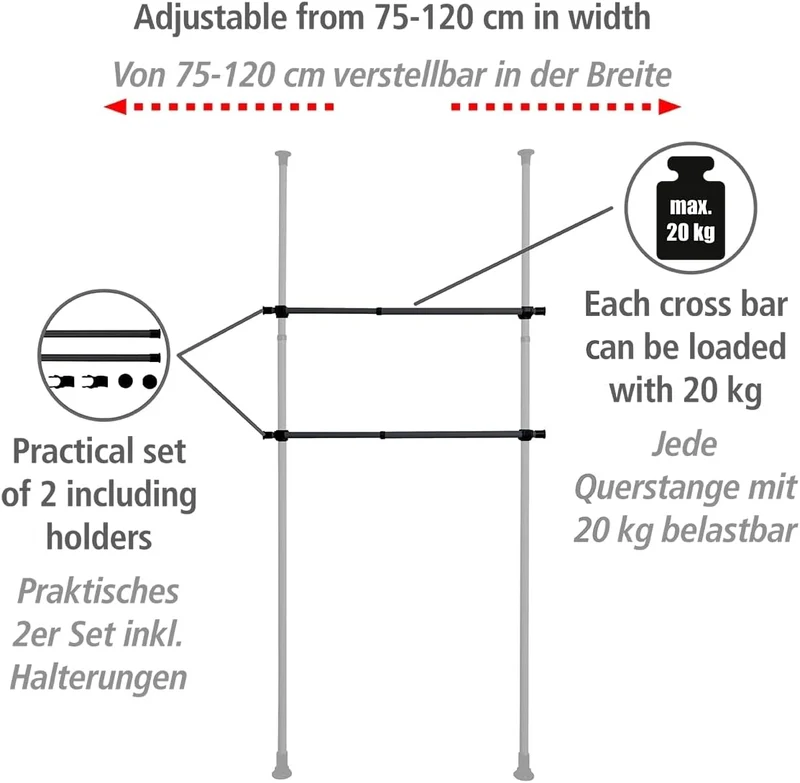WENKO Kleiderstange Herkules 2er Set, Waagerechte Ergänzungs-Stange zum passenden Teleskop-System, M