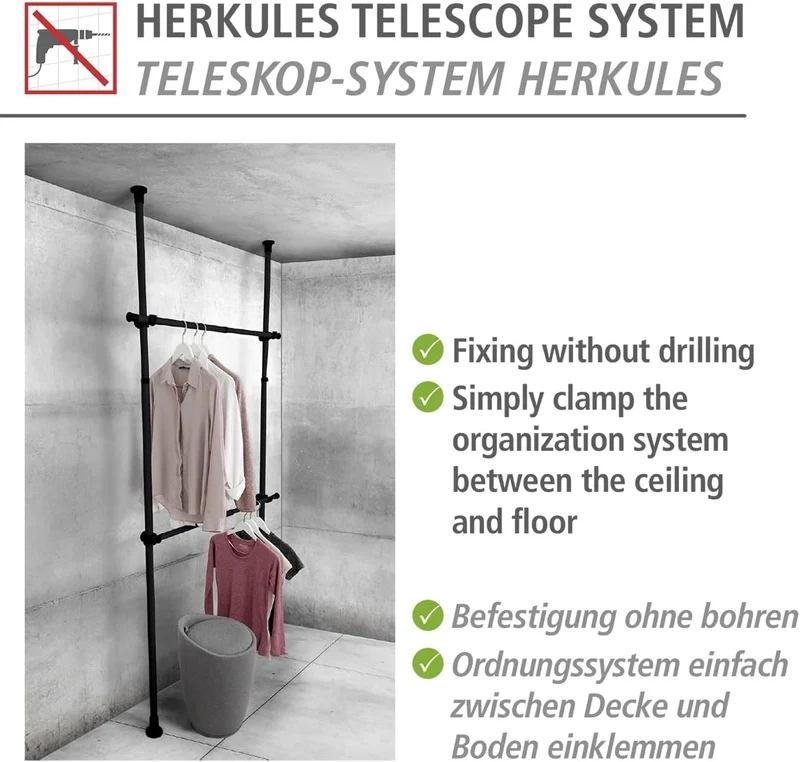 WENKO Kleiderstange Herkules 2er Set, Waagerechte Ergänzungs-Stange zum passenden Teleskop-System, M