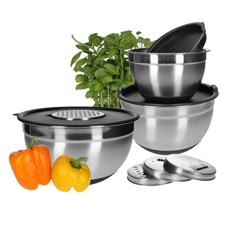 TP Edelstahl Schüssel-Set inkl. Deckel, Skala, und 4 Einsätzen zum Gemüsereiben 11-teilig