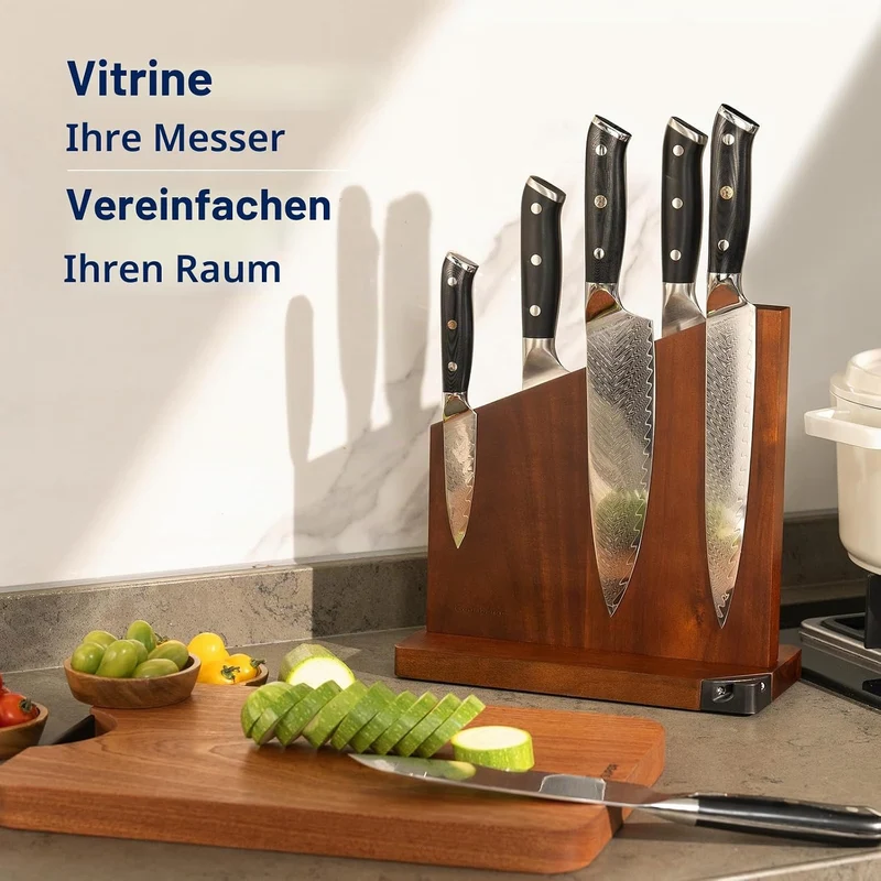 Gourmetop Messerblock Magnetisch mit Integriertem Schärfer, 100% Akazienholz Messerblock ohne Messer