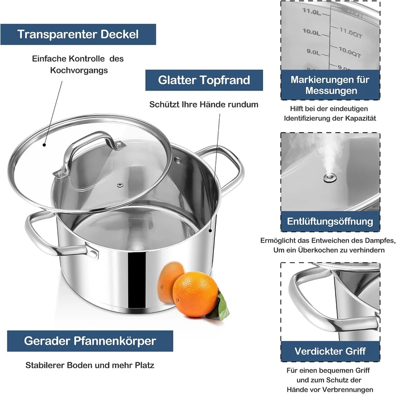 Joyfair 20cm Kochtopf, 3-Lagiger Boden Edelstahl Topf mit Glasdeckel, Suppentopf Induktion für alle