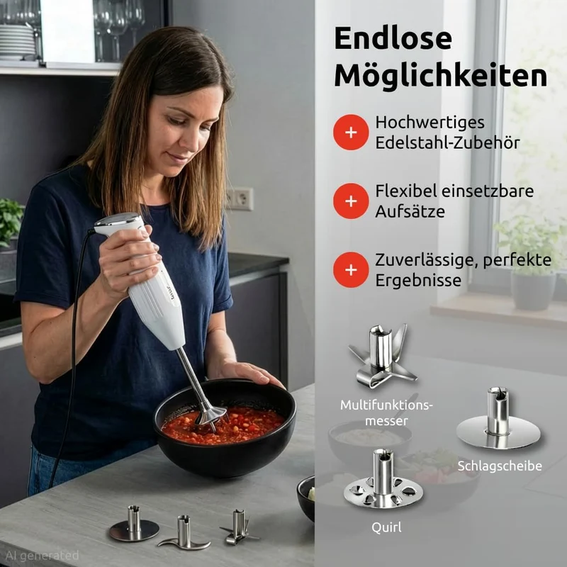 bamix Stabmixer Set M250 PRIME inkl. Multifunktionsmesser, Quirl, Schlagscheibe aus Edelstahl, 250 W