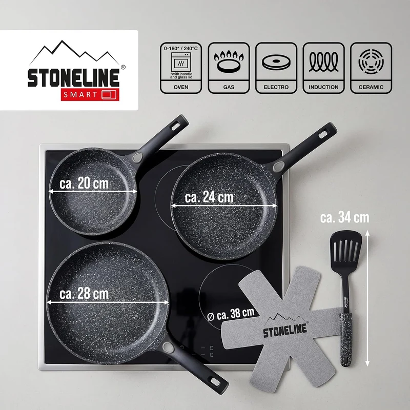 STONELINE SMART Pfannenset 6-teilig 20/24/28 cm, Pfanne Aluguss, Abnehmbarer Griff Pfannenwender Pfa