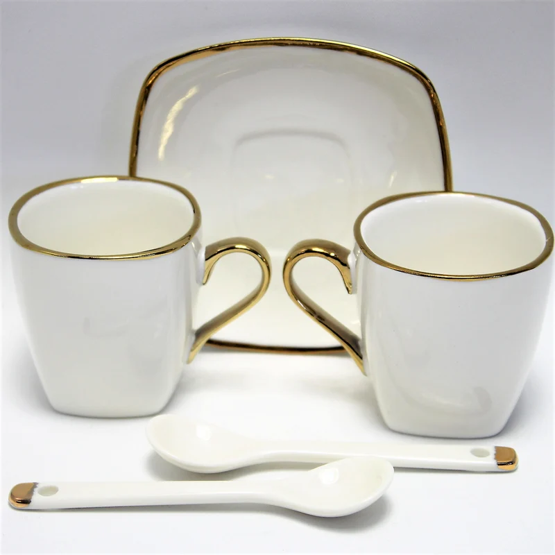 Queen Isabell Espresso Cups with Saucers 2 Piece Porcelain Set, Fine Bone China, 2x 80 ml, White with Gold