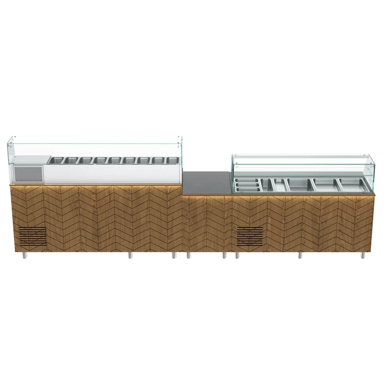 Gastronics Premium Kühltheken-Set – Pizzakühltisch, Salattheke & Kassentisch mit Granit & LED-Fischgrätenverkleidung 355 x 80 x 145cm