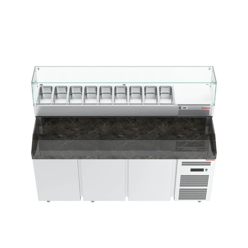 Gastronics Pizzakühltisch Premium – Hochwertige Kühltheke mit schwarzem Granit, Fischgrätenverkleidung, LED-Beleuchtung mit 207 x 80 x 145 cm