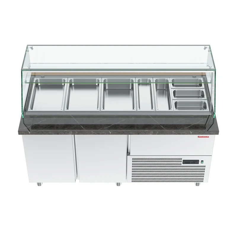 Gastronics Premium Kühltheken-Set – Pizzakühltisch, Salattheke & Kassentisch mit schwarzem Granit & LED-Fischgrätenverkleidung 461 x 80 x 145 cm