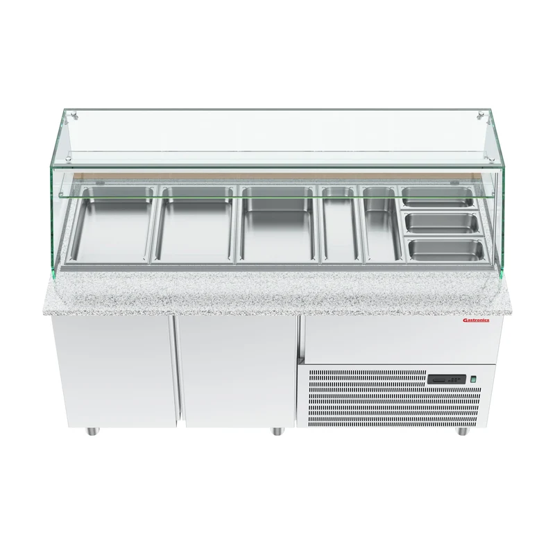 Gastronics Salattheke Premium – Hochwertige Kühltheke mit grauem Granit, Fischgrätenverkleidung, LED-Beleuchtung, 5x GN 1/1 und 2 Türen 174 x 70 x 125 cm