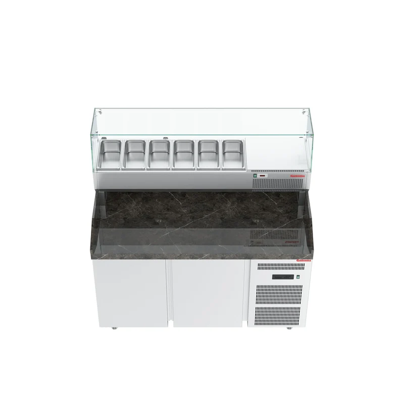 Gastronics Premium Kühltheken-Set – Pizzakühltisch, Salattheke & Kassentisch mit schwarzem Granit & LED-Fischgrätenverkleidung 355 x 80 x 145cm